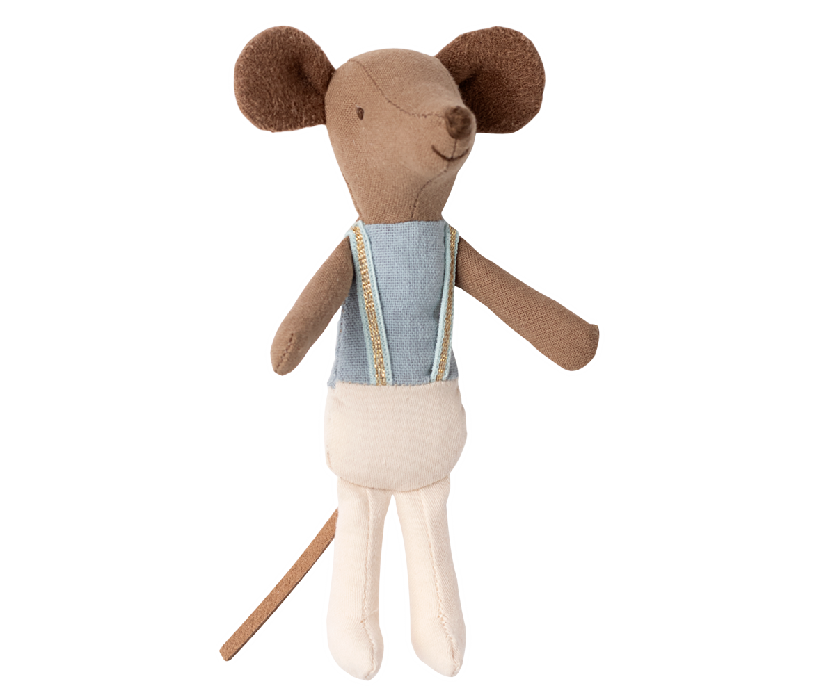 Stuffed toy mouse with a vest and pants on a white background.