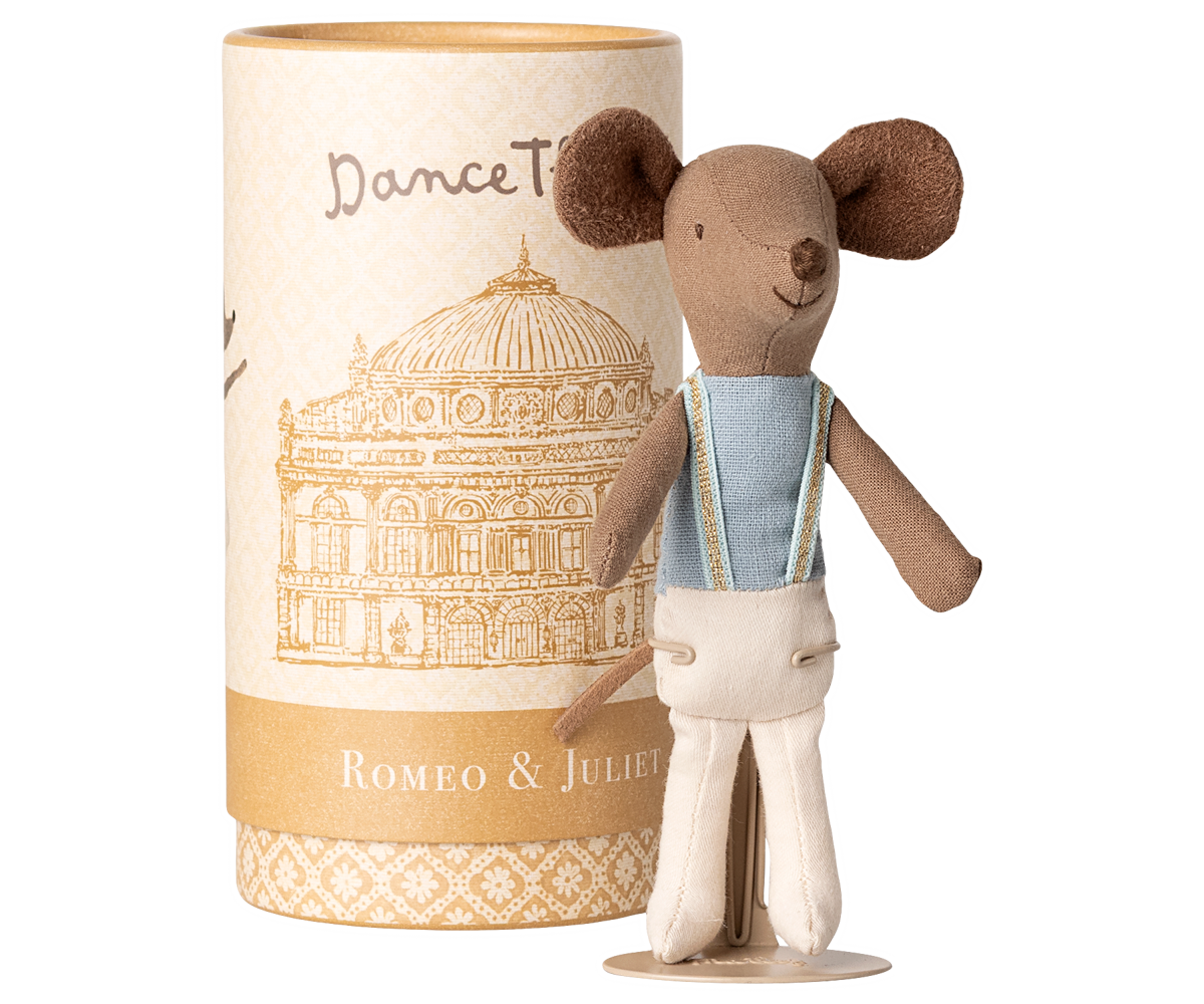Small mouse figurine in a decorative box with architectural design and text.