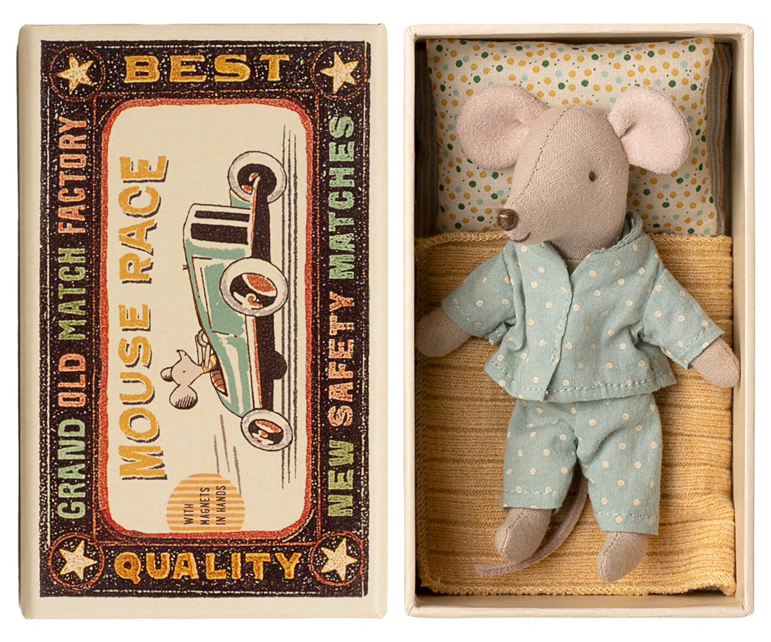 Stuffed mouse toy in a matchbox with a vintage-style label.
