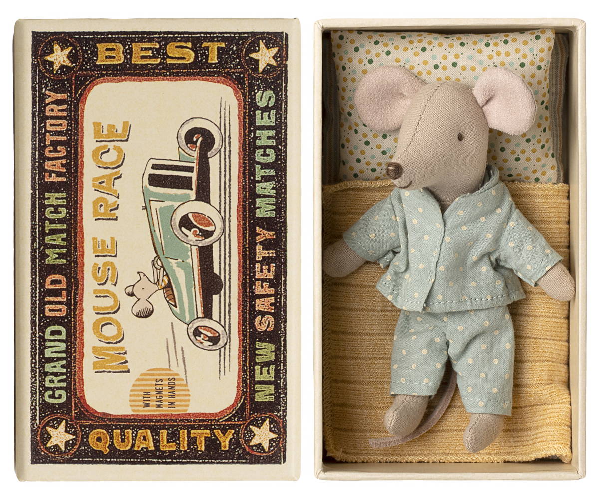 Stuffed mouse toy in a matchbox with a vintage-style label.