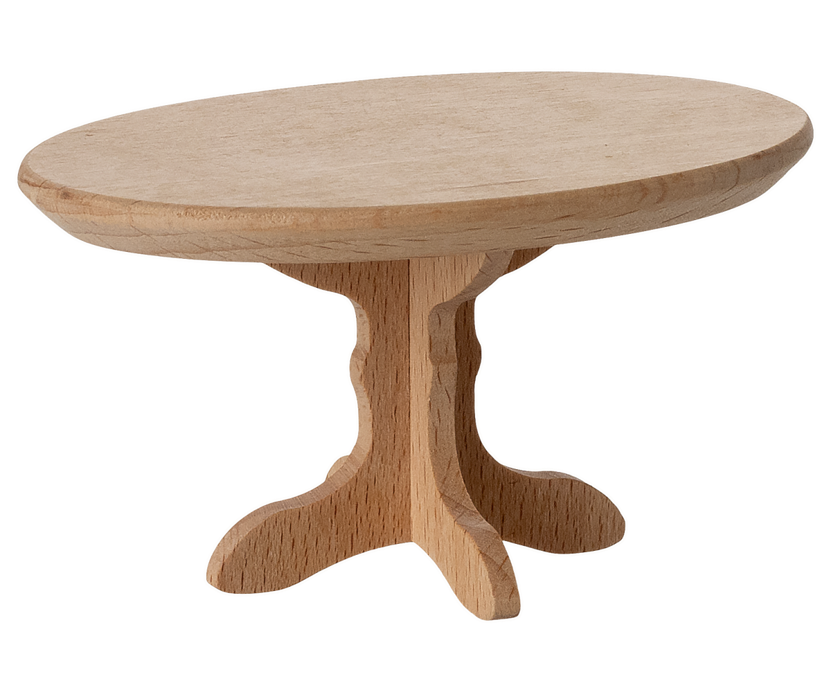 Wooden round table with a pedestal base on a white background.