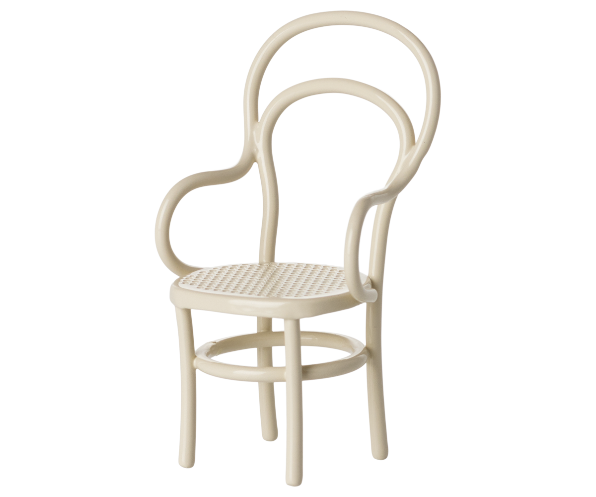 White chair with armrests on a white background.