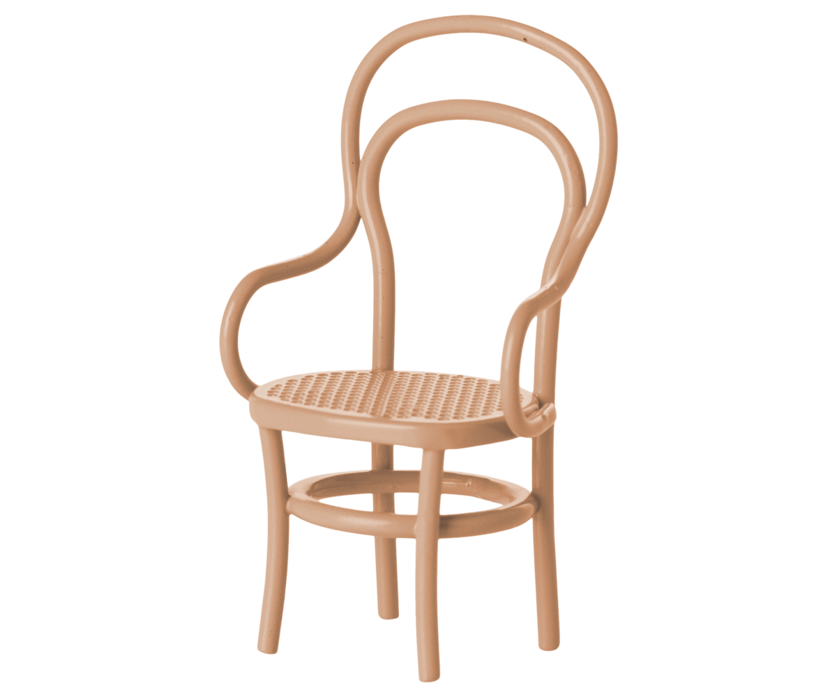 Beige wooden chair with wicker seat on a white background.