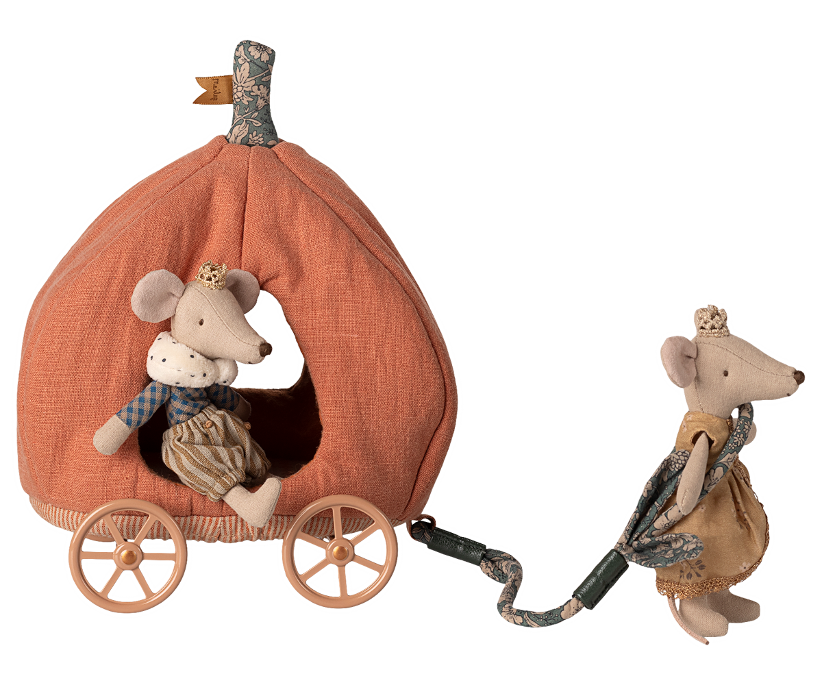 Decorative mouse figurine with a carriage on a white background.