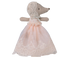 Stuffed animal toy with a lace dress on a white background