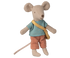 Stuffed toy mouse wearing a striped shirt and brown pants on a white background