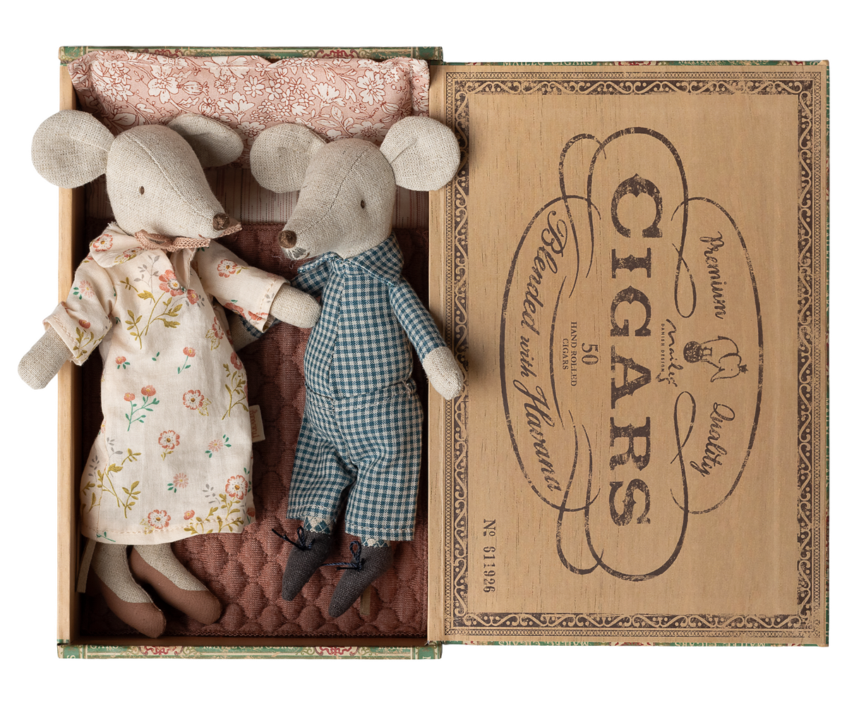 Two mouse dolls in a decorative box with &