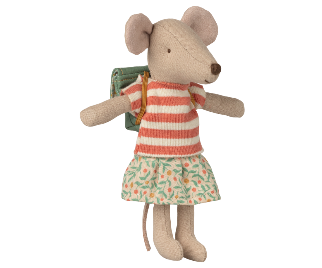 Stuffed mouse toy wearing a striped shirt and floral skirt on a white background