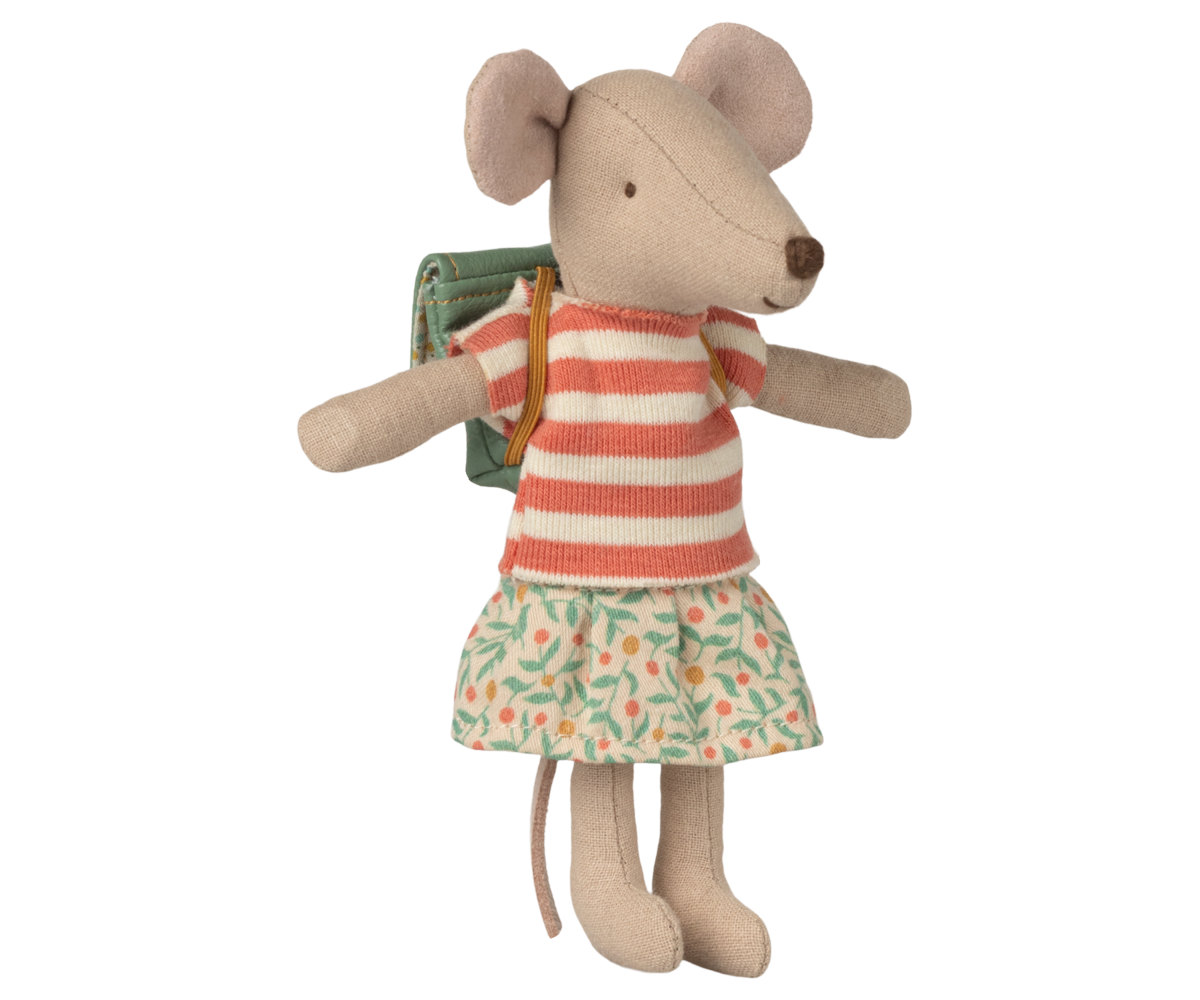 Stuffed mouse toy wearing a striped shirt and floral skirt on a white background