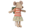 Stuffed mouse toy wearing a striped shirt and floral skirt on a white background