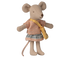 Stuffed mouse toy wearing a striped dress and yellow bag on a white background