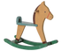 A classic wooden rocking horse toy with a natural wood body, painted green rocking base, and a teal seat and backrest.