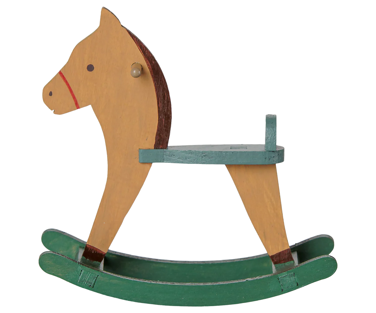 A traditional wooden rocking horse toy with a natural wood body, a teal painted seat, and green rocking base, isolated on a white background.
