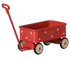 A red metal toy wagon with white polka dots, cream-colored wheels with black rims, and a red handle, shown on a plain white background.