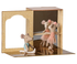 A miniature ballet scene display featuring three small plush mouse ballerina figures. One mouse sits on the floor wearing a light blue bow tie, while another mouse in a pink tutu dances in front of a mirrored backdrop inside a patterned wooden box.