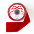 A spool of 2.75" red flocked ribbon by Hester & Cook on a white background. 
