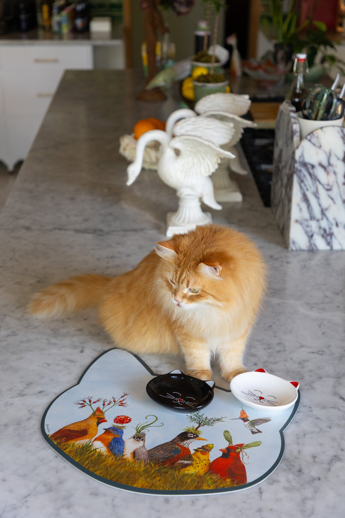 A fluffy orange cat stands on a white marble kitchen counter next to a cat-shaped cat mat with colorful bird illustrations, a black bowl, and a white dish. A white swan figurine and other kitchen items are blurred in the background.