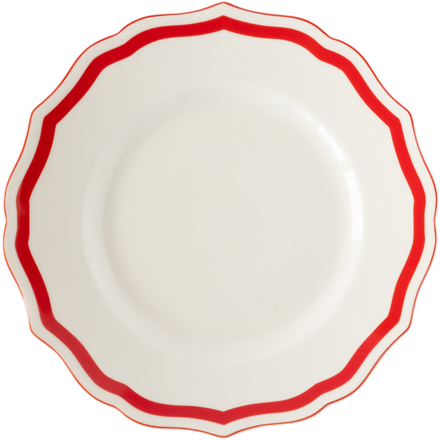 White plate with red rim on a white background.