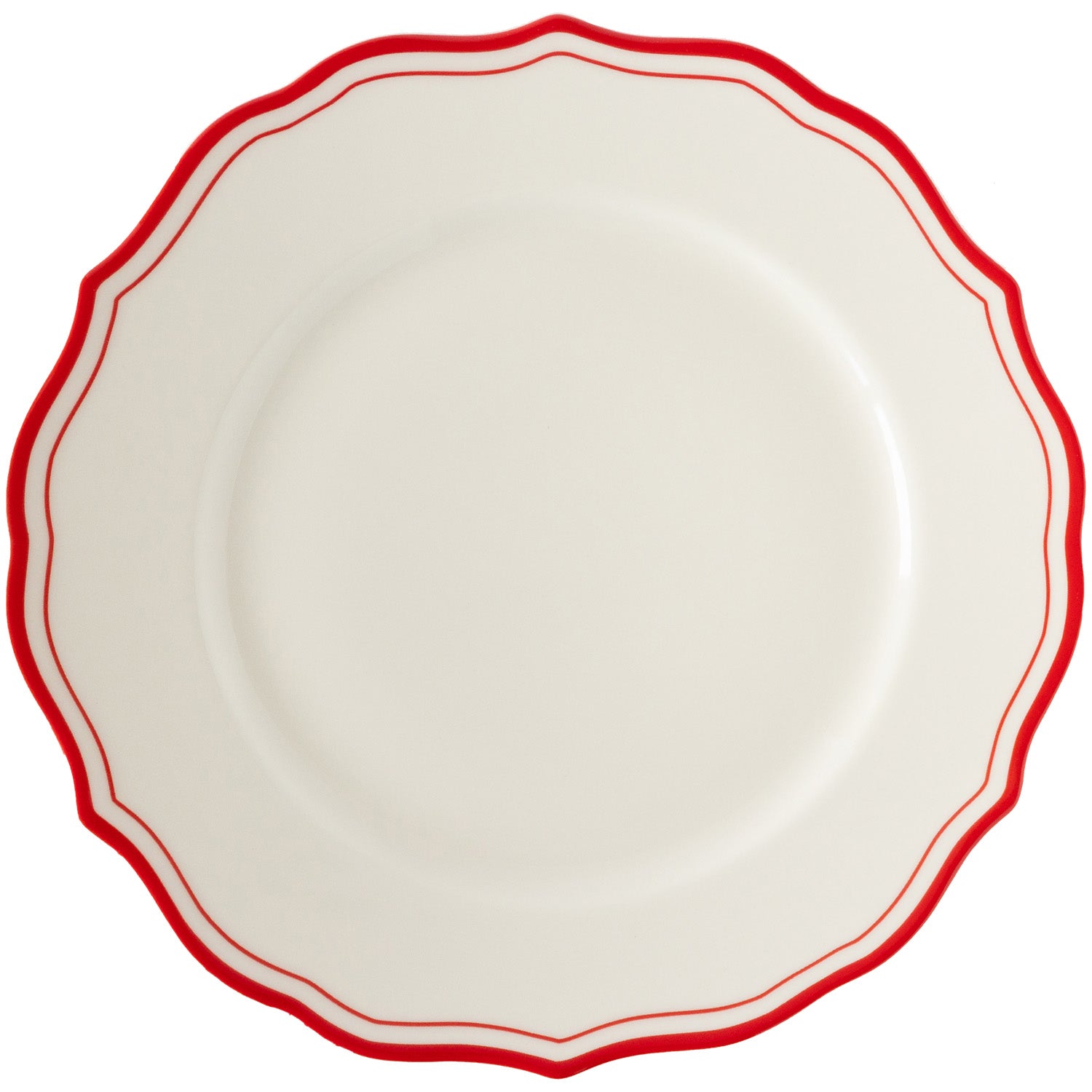 White plate with red rim on a white background.