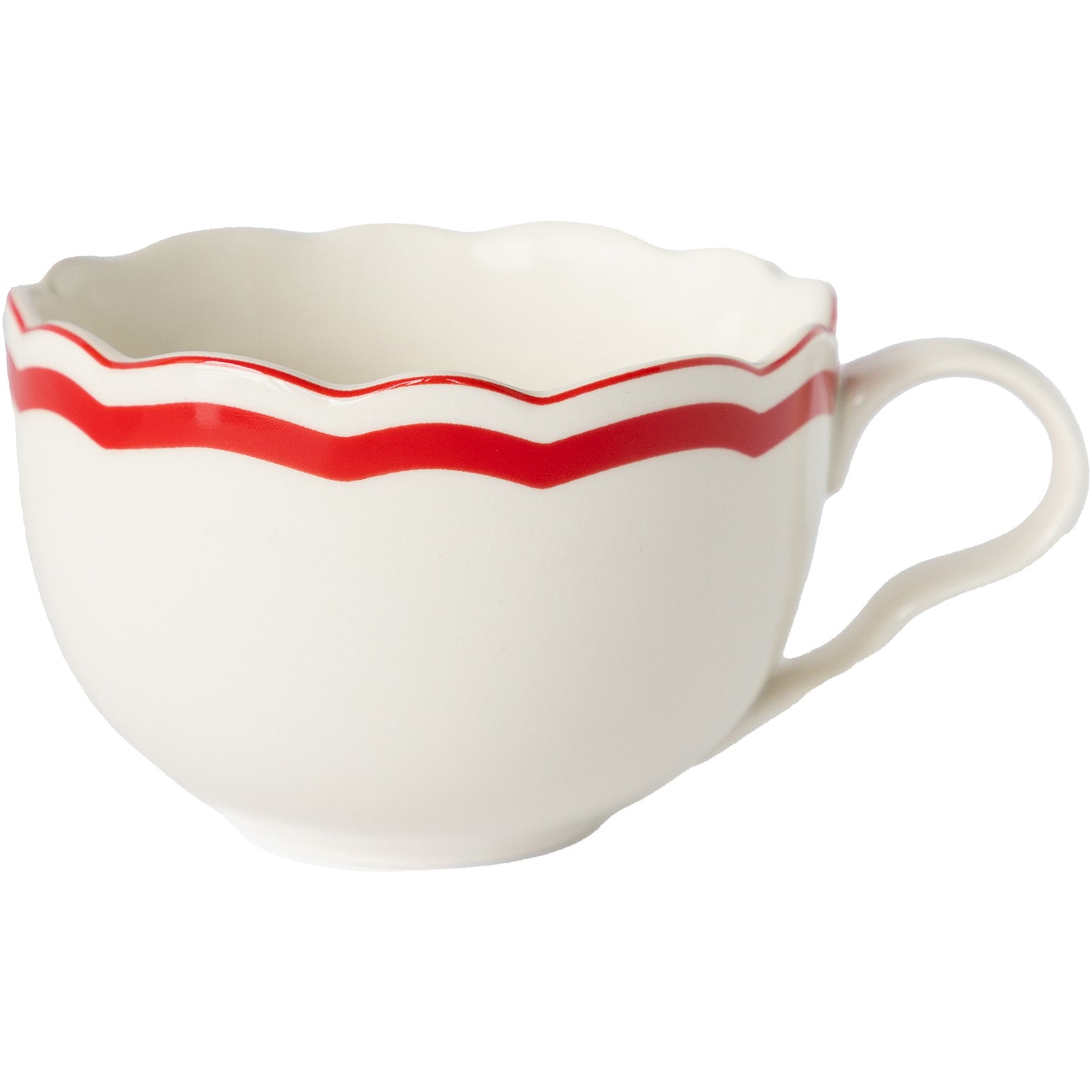 White mug with red wavy stripes on a white background.