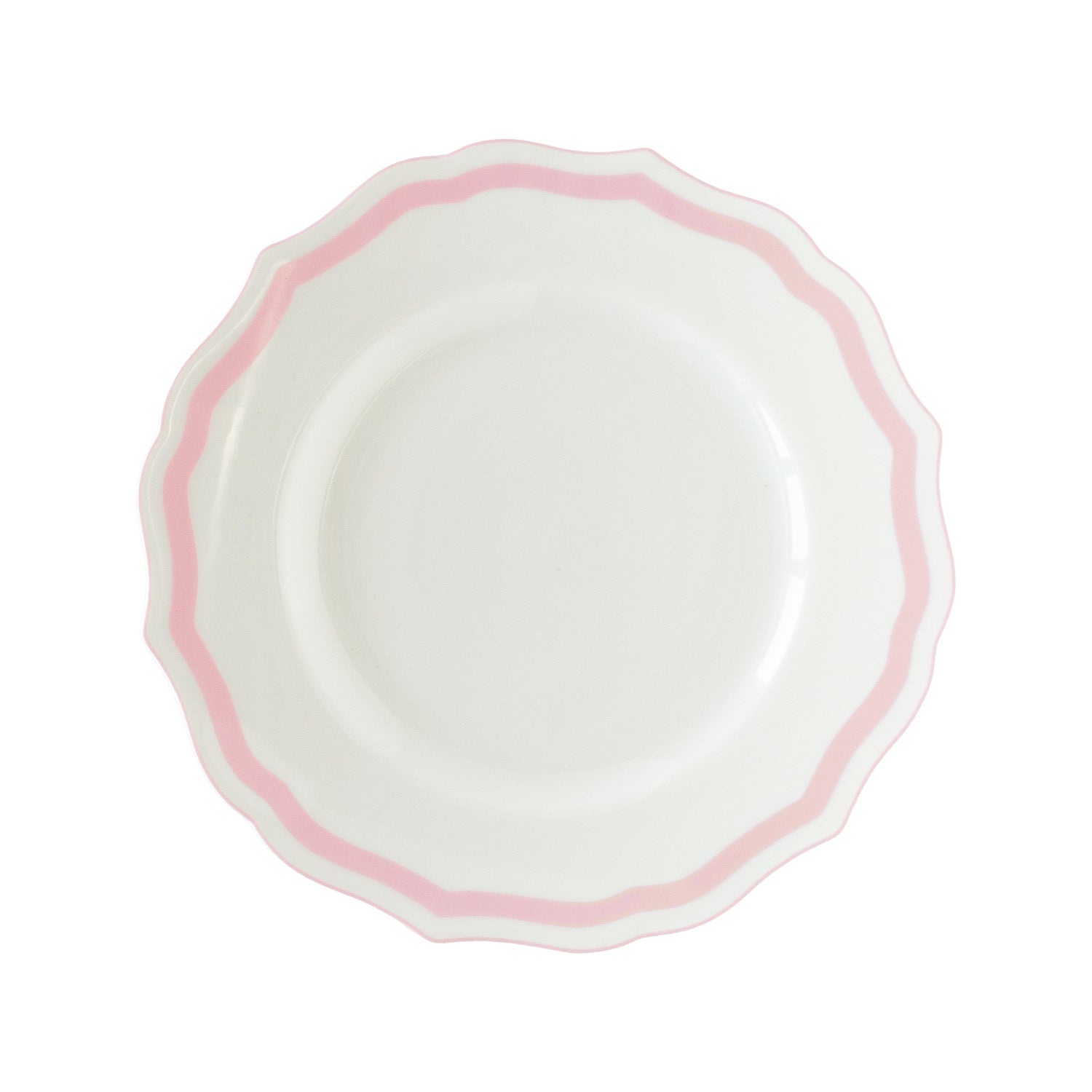 Round white plate with a pink scalloped rim on a white background.