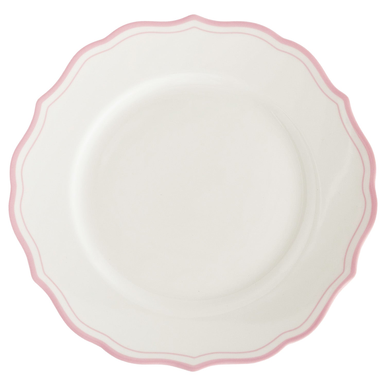 Round white plate with a pink scalloped rim on a white background.
