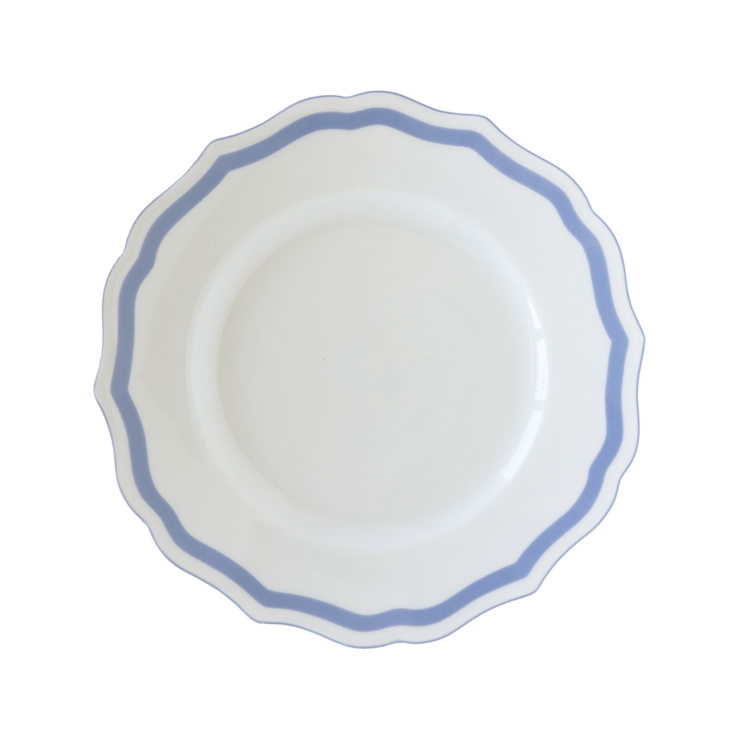 White plate with a blue rim on a white background.