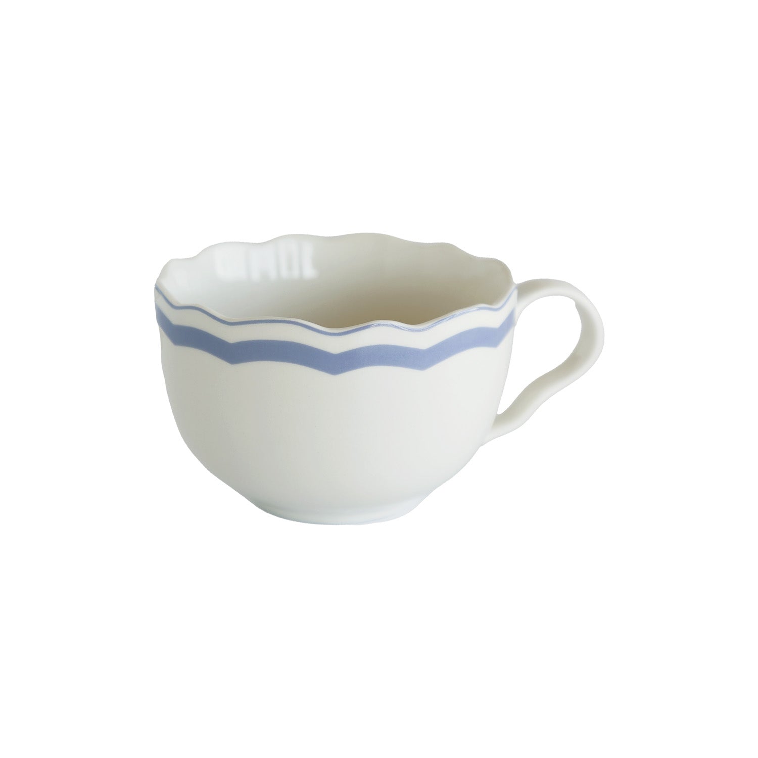 White ceramic cup with blue rim on a white background.