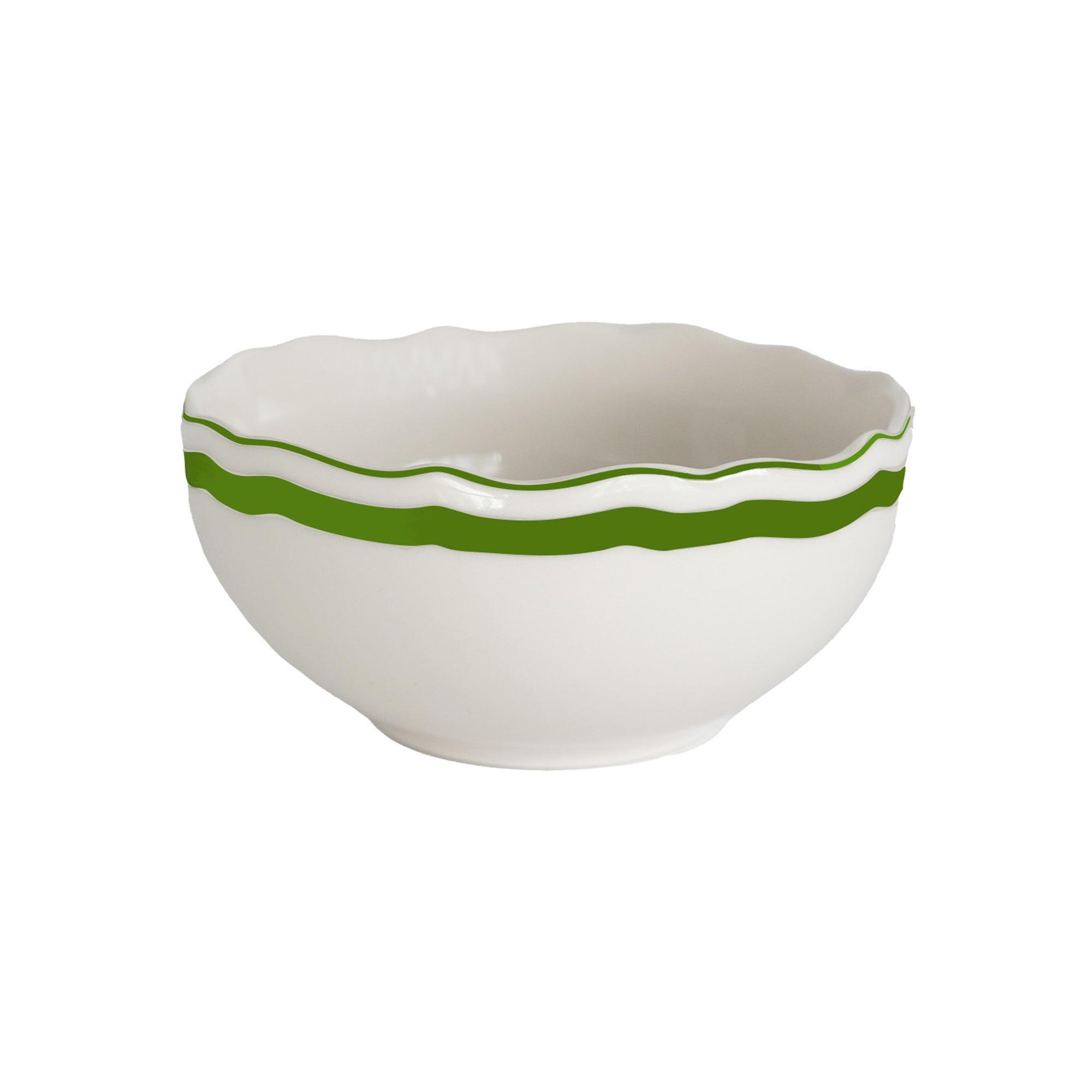 A white ceramic bowl with a scalloped rim and a wavy green stripe pattern around the middle, shown on a plain white background.
