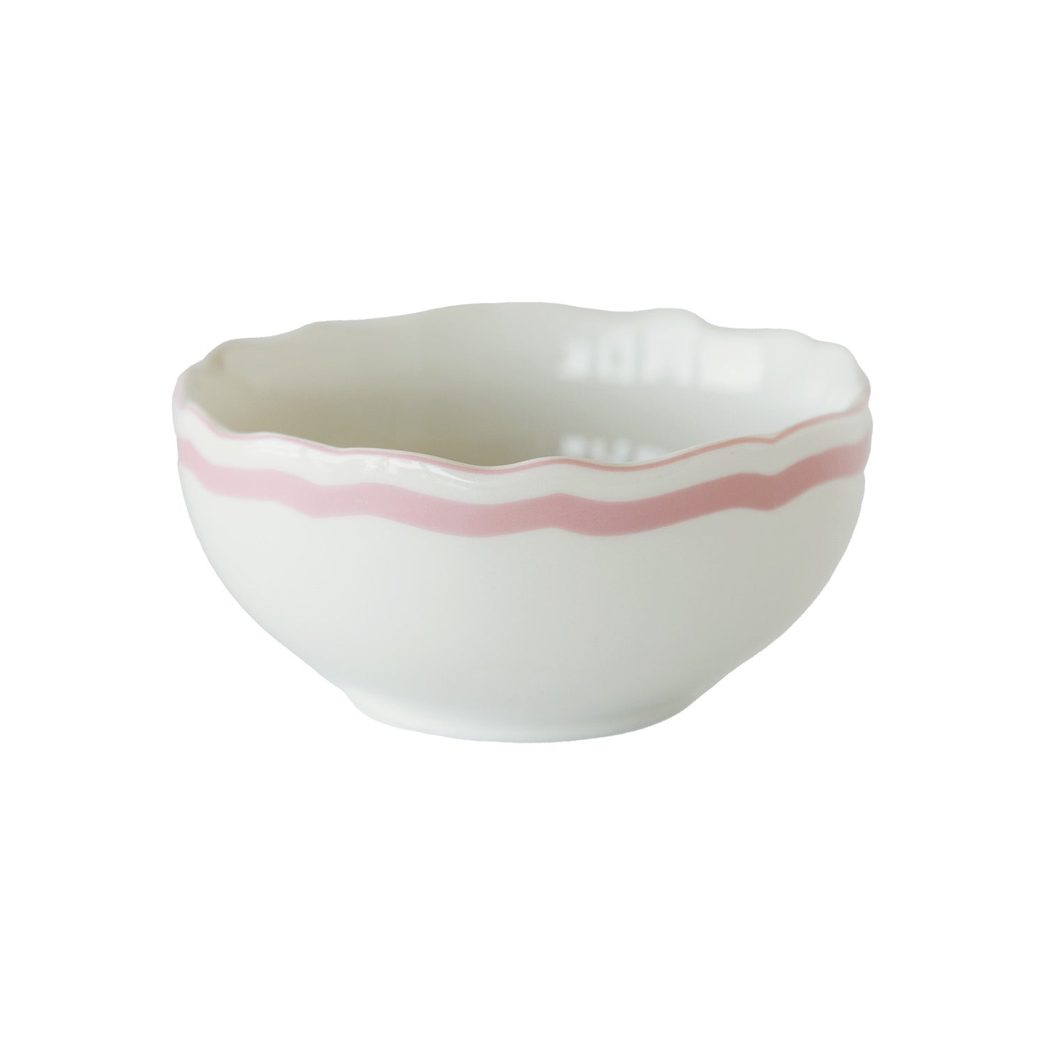 Round white cereal bowl with a pink scalloped rim on a white background.