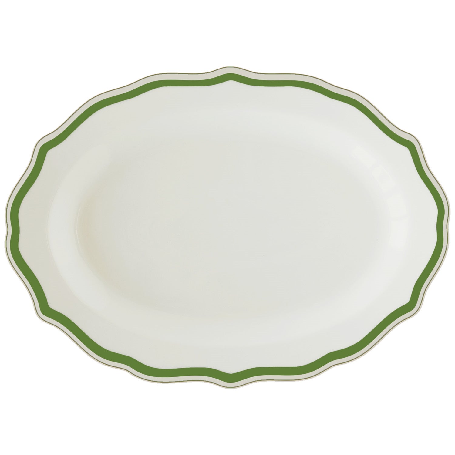 An oval white serving platter with a scalloped edge and a green border, shown against a plain white background.
