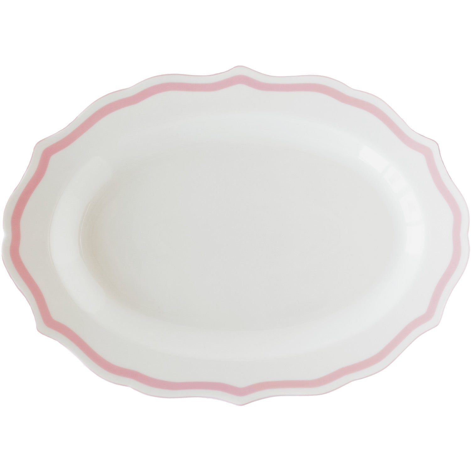 White, oblong platter with a pink scalloped rim on a white background.