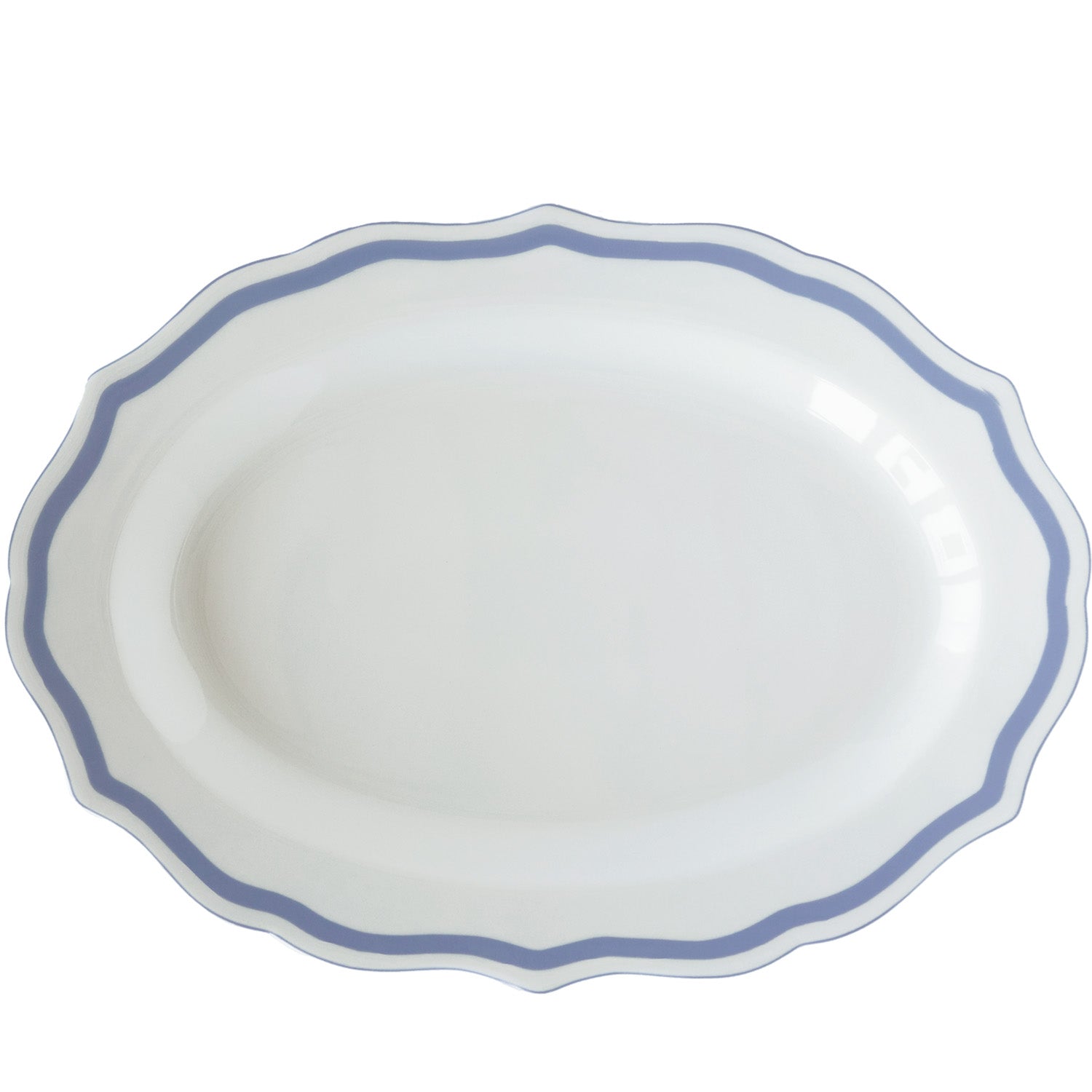 White platter with a blue rim on a white background.