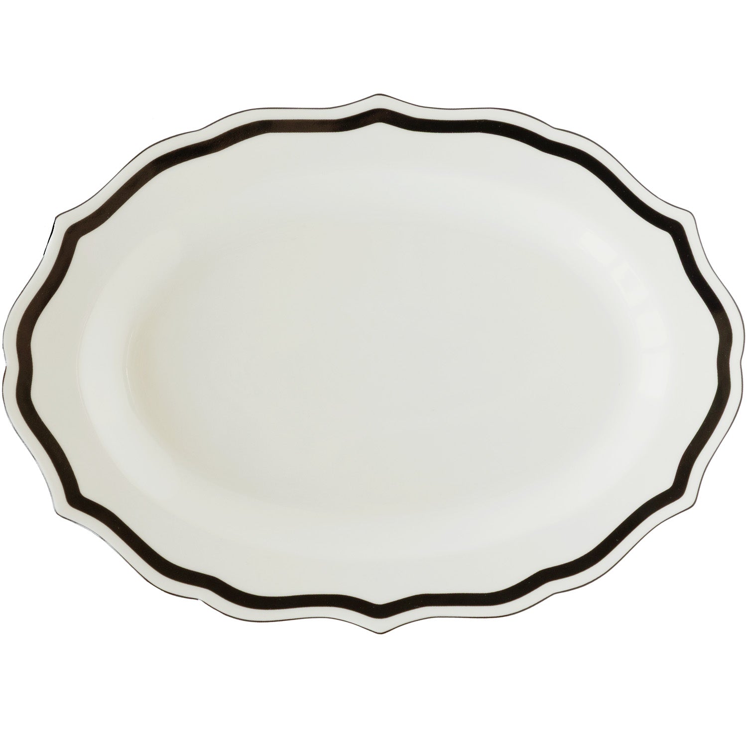 White platter with a black rim and scalloped edge on a white background.