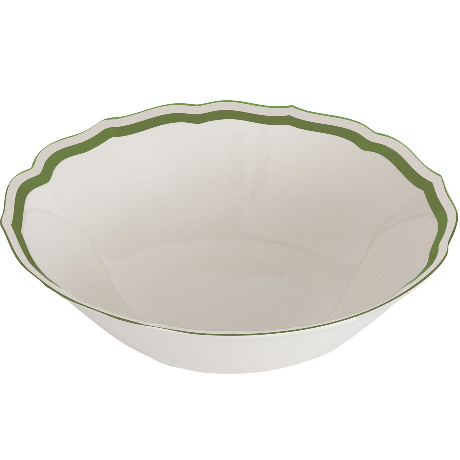 A white ceramic bowl with a scalloped rim and a thin green stripe border, shown on a plain white background.
