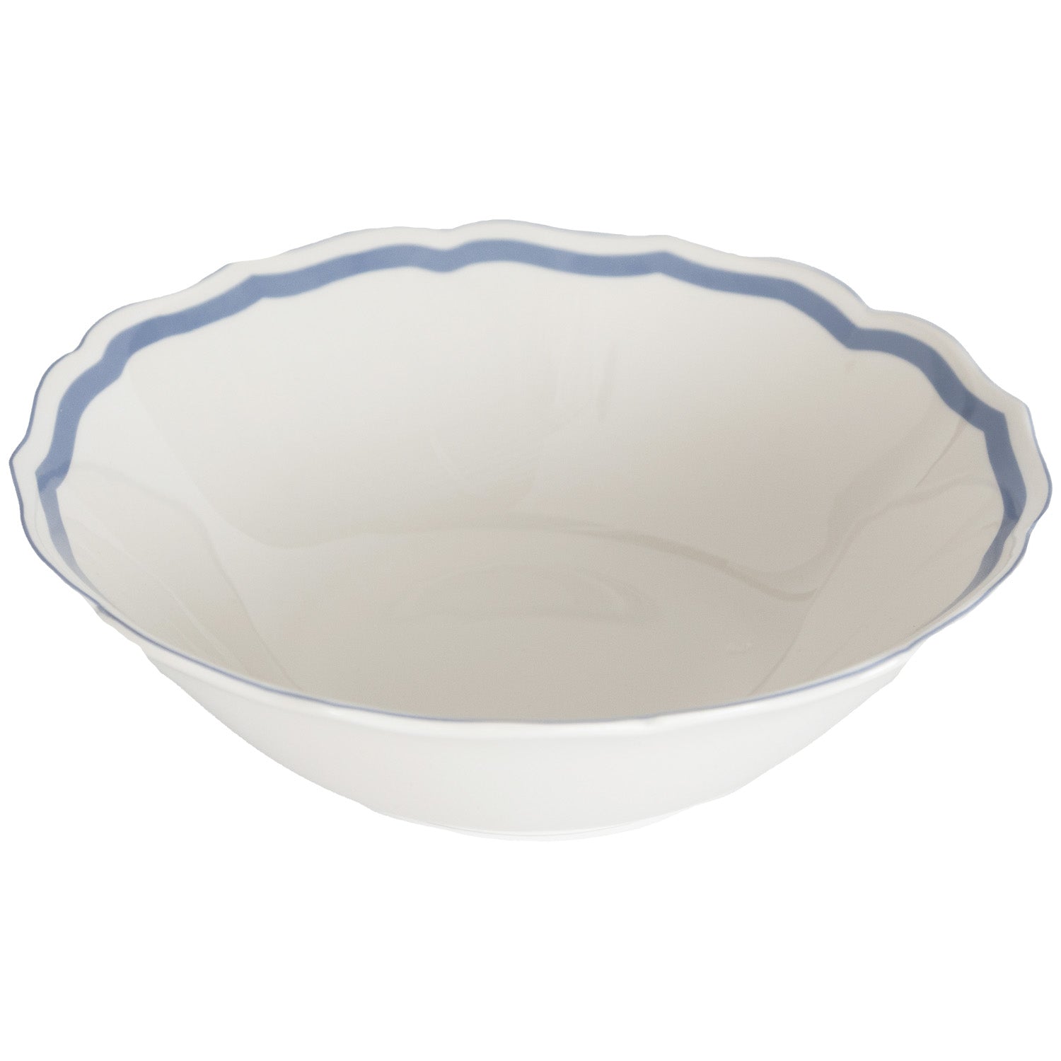 White serving bowl with blue rim on a white background.