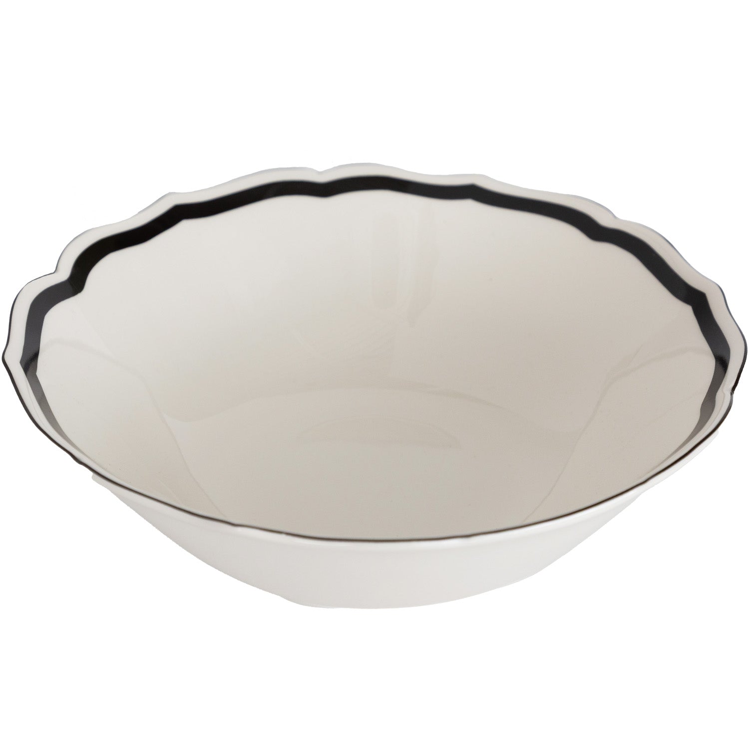 White serving bowl with a black rim and scalloped edge on a white background.