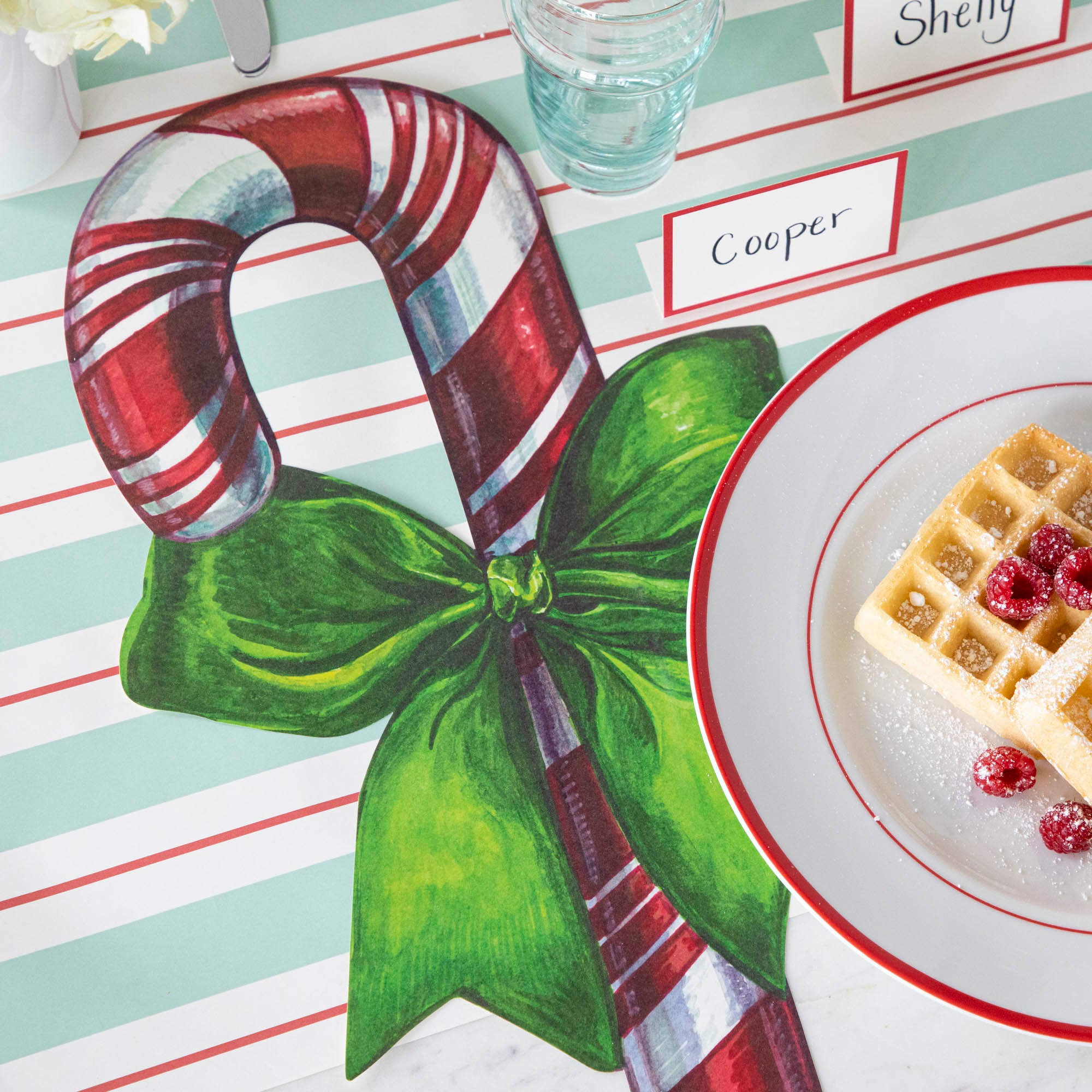 Close up of tablesetting with Die-cut Candy Cane Placemat