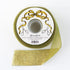 Spool of olive and gold sparkle ribbon with scissors on a white background