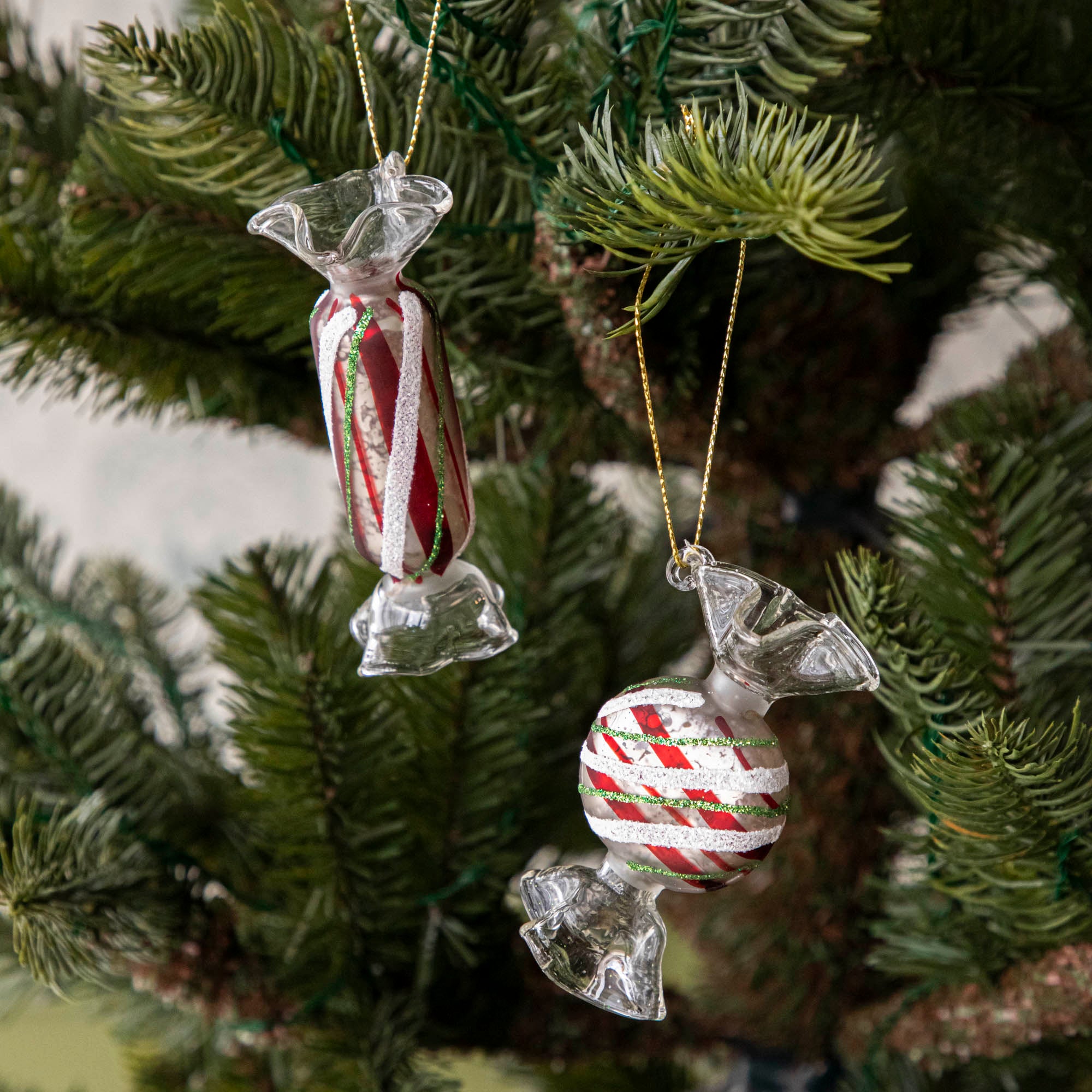 Red Plaid Candy Shaped Ornaments hanging in a tree