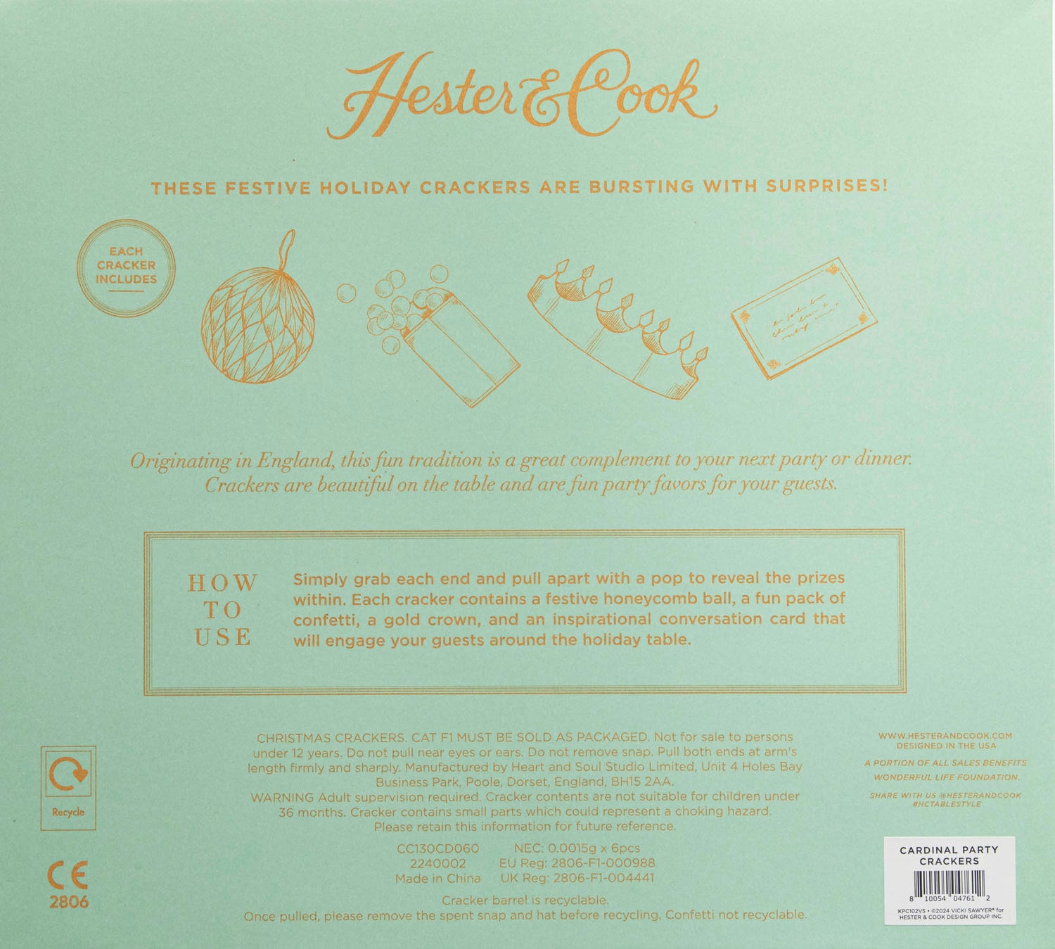 The back of the Poinsettia Crackers package showing the contents of the crackers, warning information and how to use them.