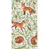 A rectangular guest napkin featuring an illustrated pattern of foxes and birds with decorative foliage on a light background.