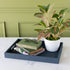 Indigo St. Tropez Decorative Tray with books and a plant on a marble surface against a green wall.