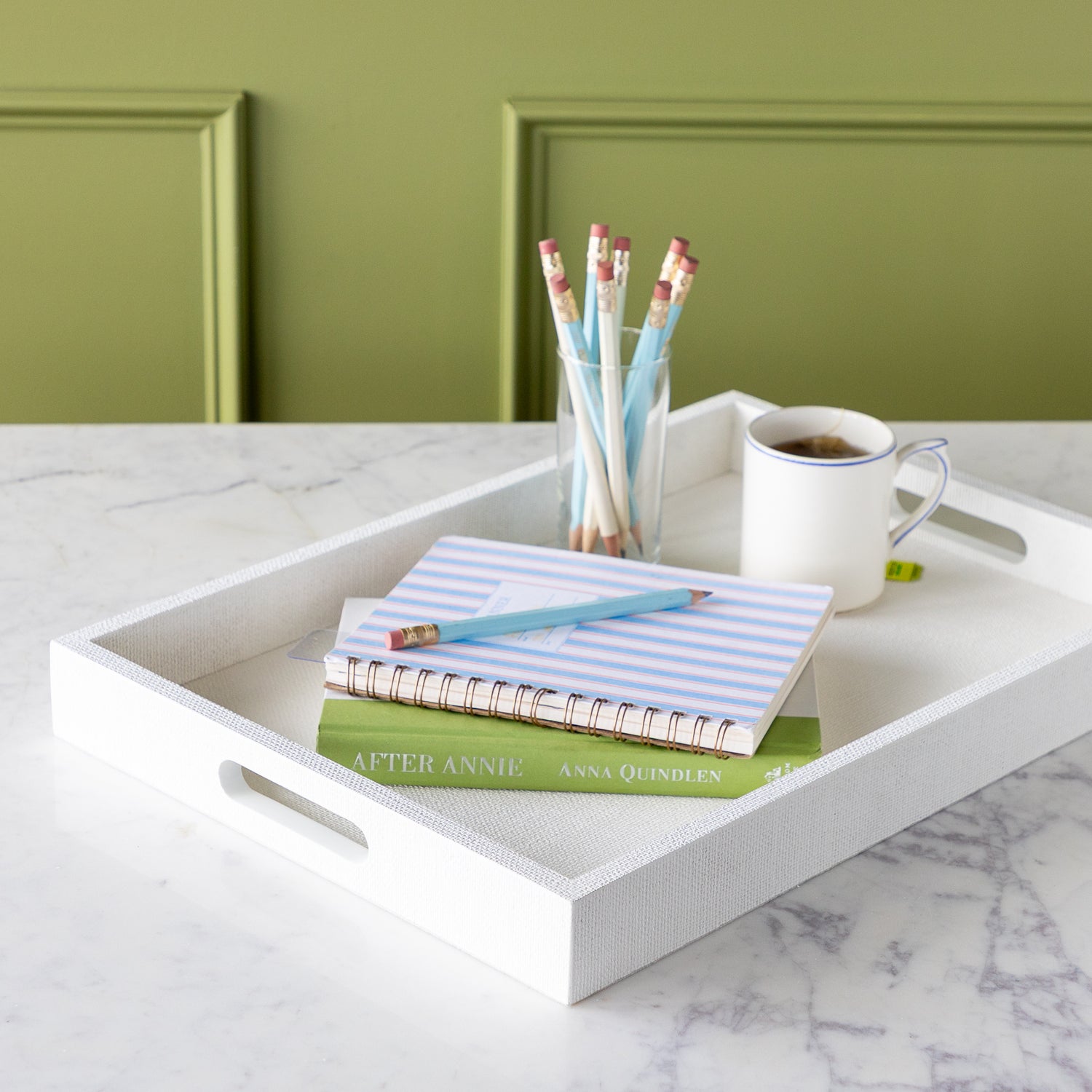 Silk Linen St. Tropez Decorative Tray with a book, planner, cup of tea and cup of pencils atop.