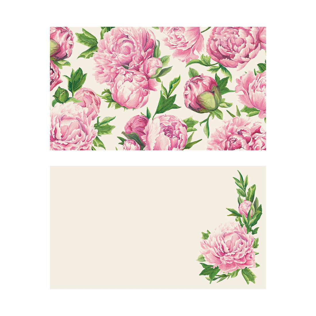Two illustrated note card designs on a cream background. The top card features a dense, all-over pattern of blooming pink peonies, tight flower buds, and green leaves covering the entire surface. The bottom card has a clean layout with a single pink peony and green leaves tucked beautifully into the bottom right corner, leaving the rest of the space blank.