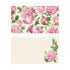 Two illustrated note card designs on a cream background. The top card features a dense, all-over pattern of blooming pink peonies, tight flower buds, and green leaves covering the entire surface. The bottom card has a clean layout with a single pink peony and green leaves tucked beautifully into the bottom right corner, leaving the rest of the space blank.