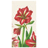 A rectangular paper guest napkin featuring bright red illustrated amaryllis blooms with green stems on a cream background. 