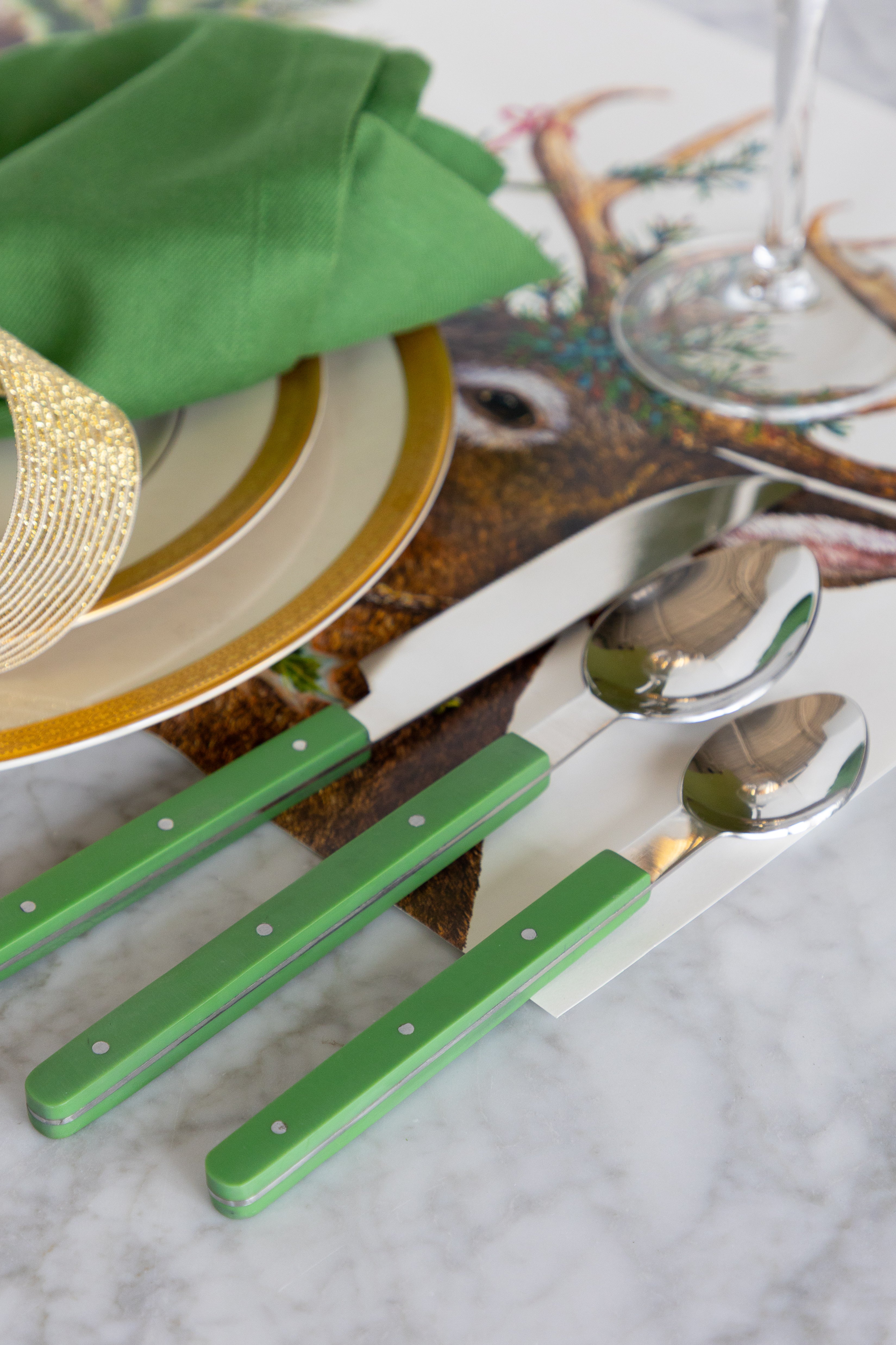 Stainless Steel Flatware Set with Green Handles