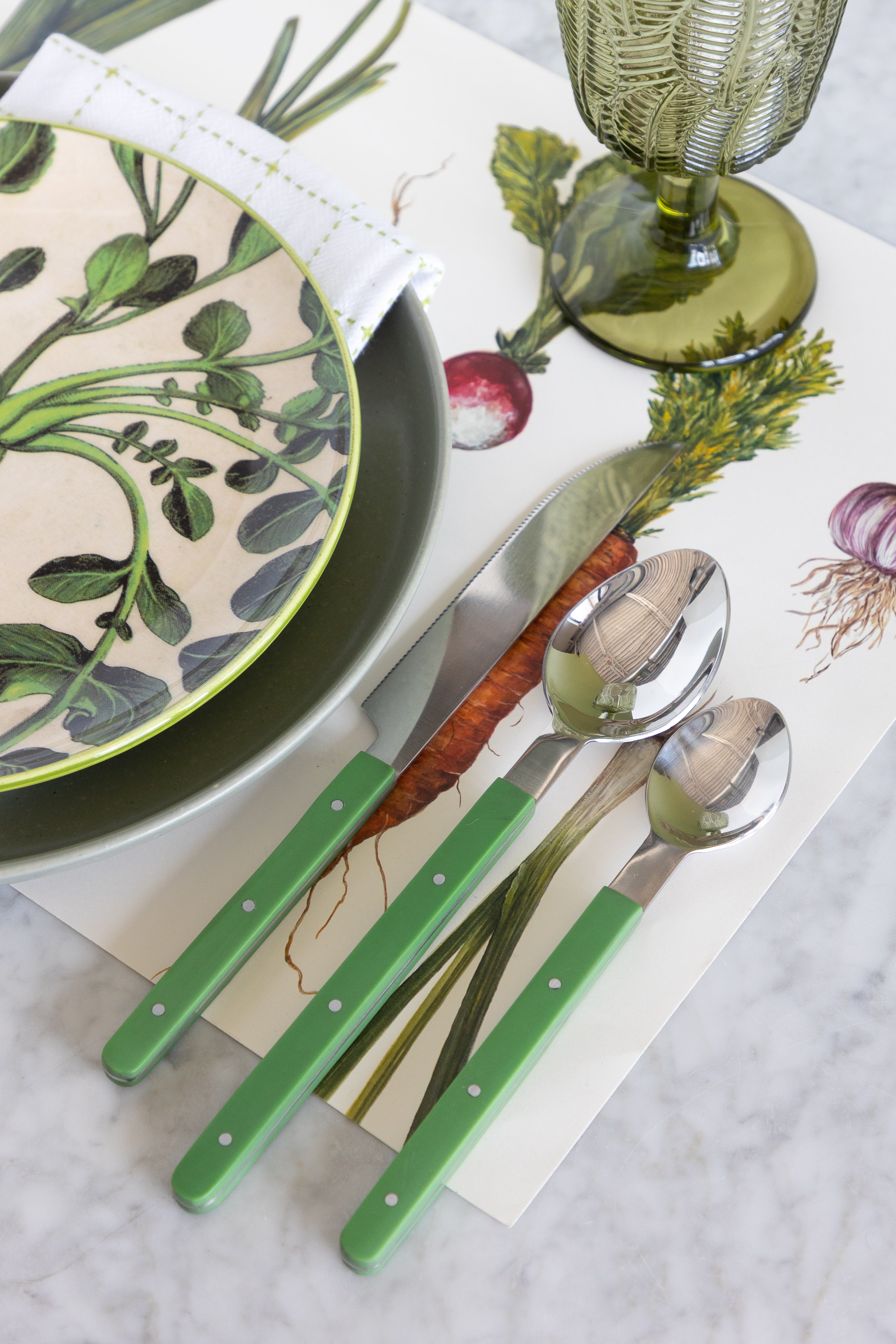 Stainless Steel Flatware Set with Green Handles