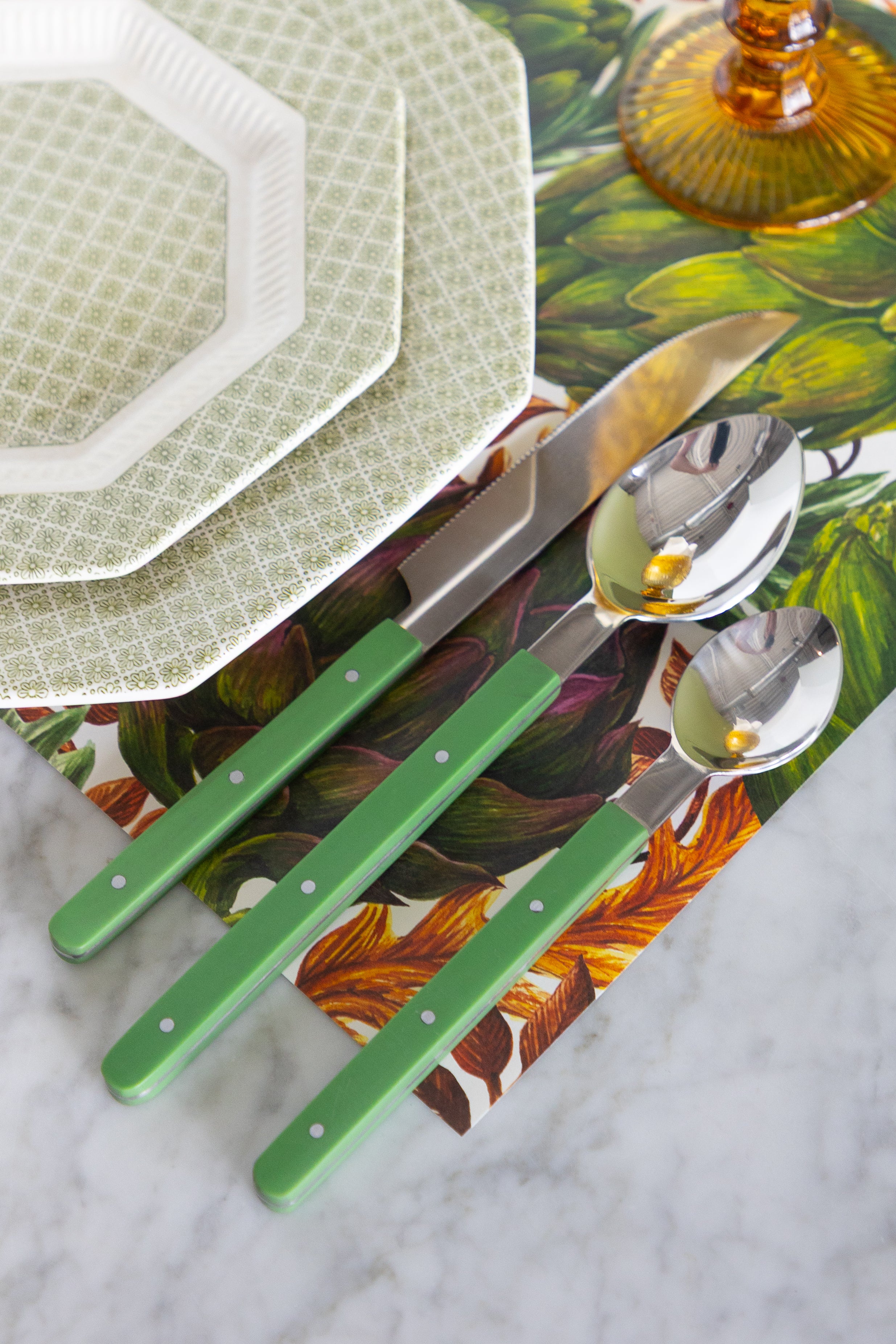 Stainless Steel Flatware Set with Green Handles